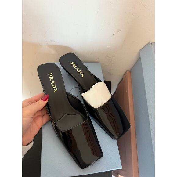 NWT Prada Slip-on Mules Black Patent Leather Square Toe Triangular Kitten Heels - Picture 6 of 8